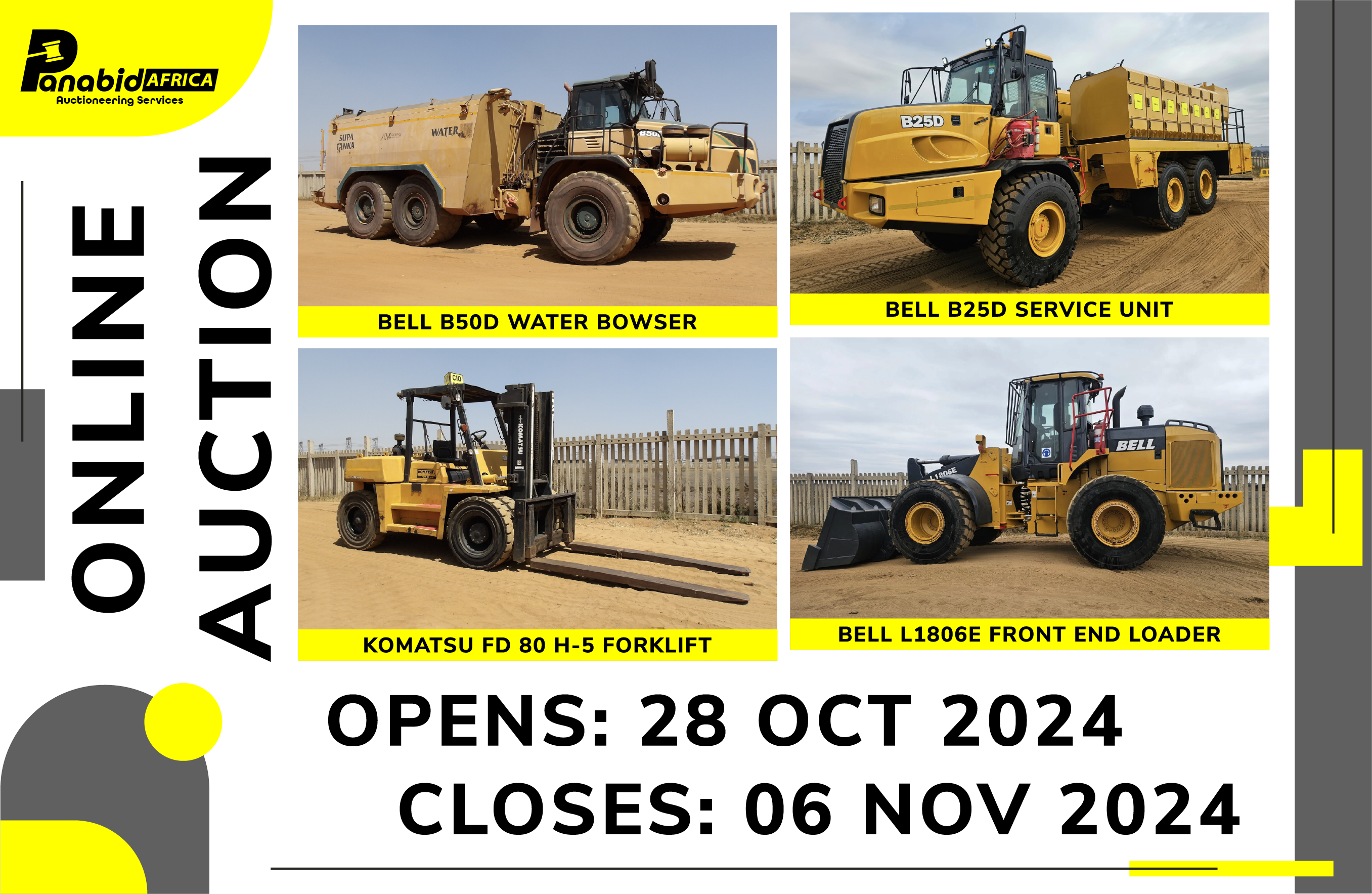 UNMISSABLE ONLINE AUCTION OF EARTHMOVING, MINING, INDUSTRIAL AND OTHER RELATED MACHINERY: ADTS, EXCAVATORS, GRADERS, TRUCKS, FORKLIFTS, CRANES, PIPES, ELECTRIC MOTORS AND MORE – BRANDS SUCH AS VOLVO, CAT, BELL, DEZZI, LIEBHERR, KOMATSU, KAMAZ, ETC